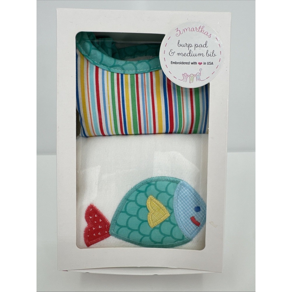 3 MARTHAS Multi Color Fish Medium BIB AND BURP‎ Pad BOXED GIFT SET-NIB